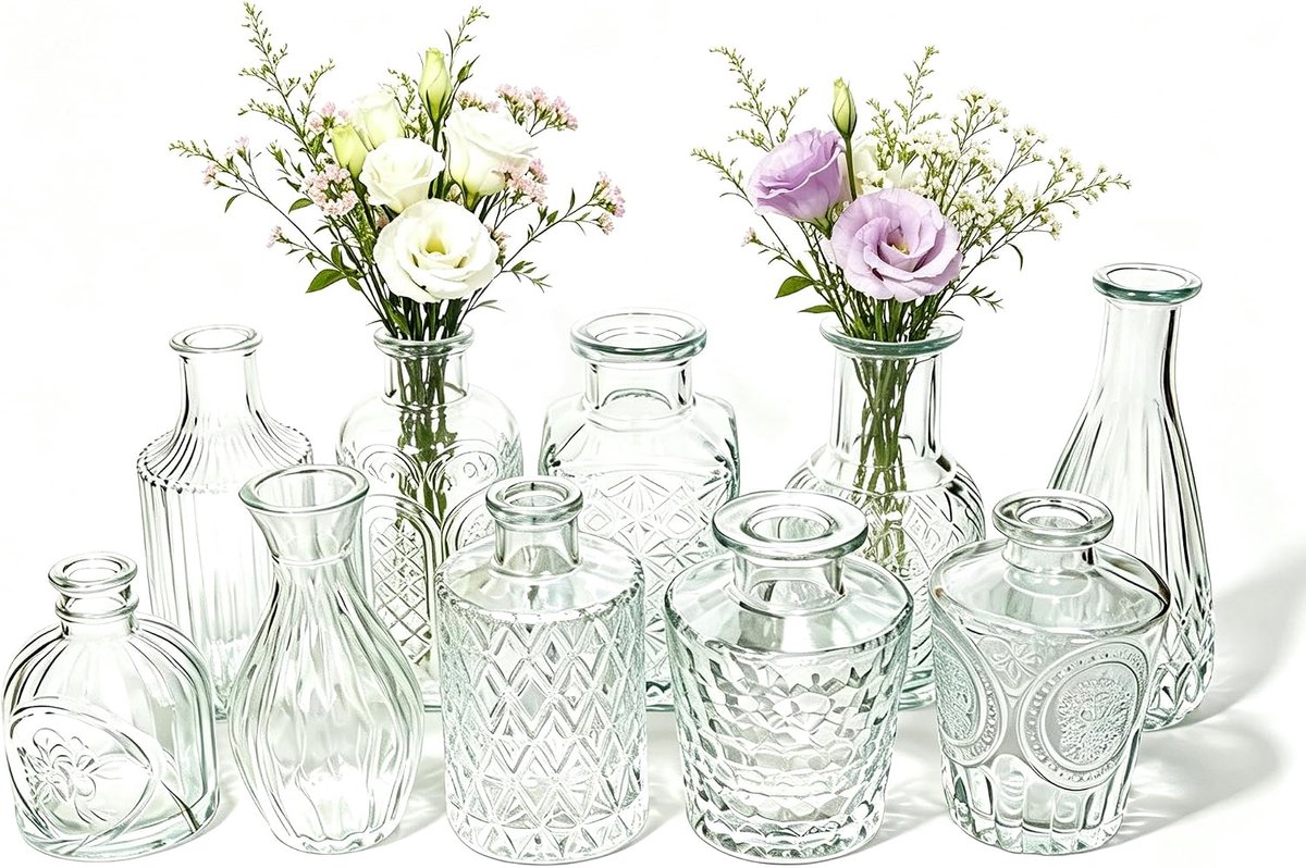 Mini glazen vaasjes set 20 stuks - transparant glas - decoratief voor tafeldecoratie - perfect voor bloemen - SnelShoppen