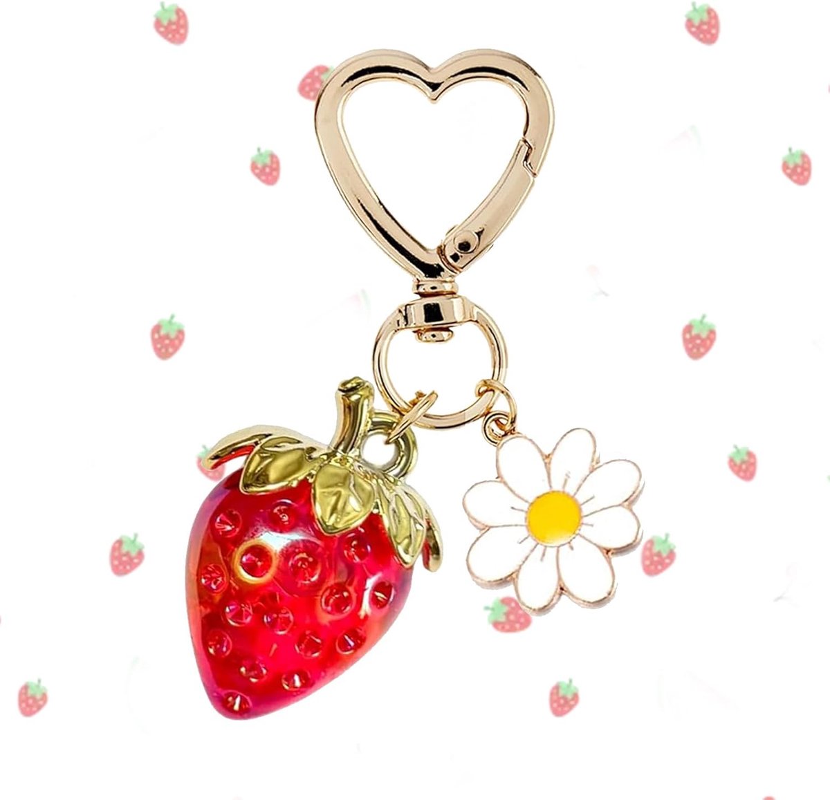 kleine sleutelhanger met verse rode vruchten, aardbeien, madeliefjes, tashanger, metalen ketting om op te hangen, rood