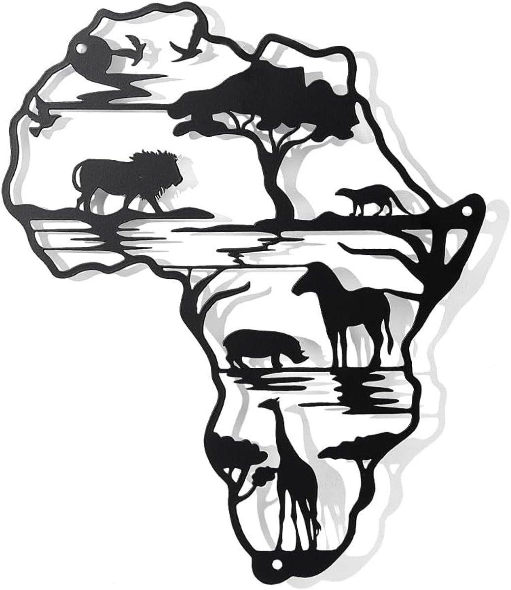 Afrika kaart met dieren, metalen muurkunst decor, zwarte Afrika kaart opknoping, dieren muurkunst uitgesneden bord voor thuis, slaapkamer, yoga kamer, kantoor, tuin, hotel