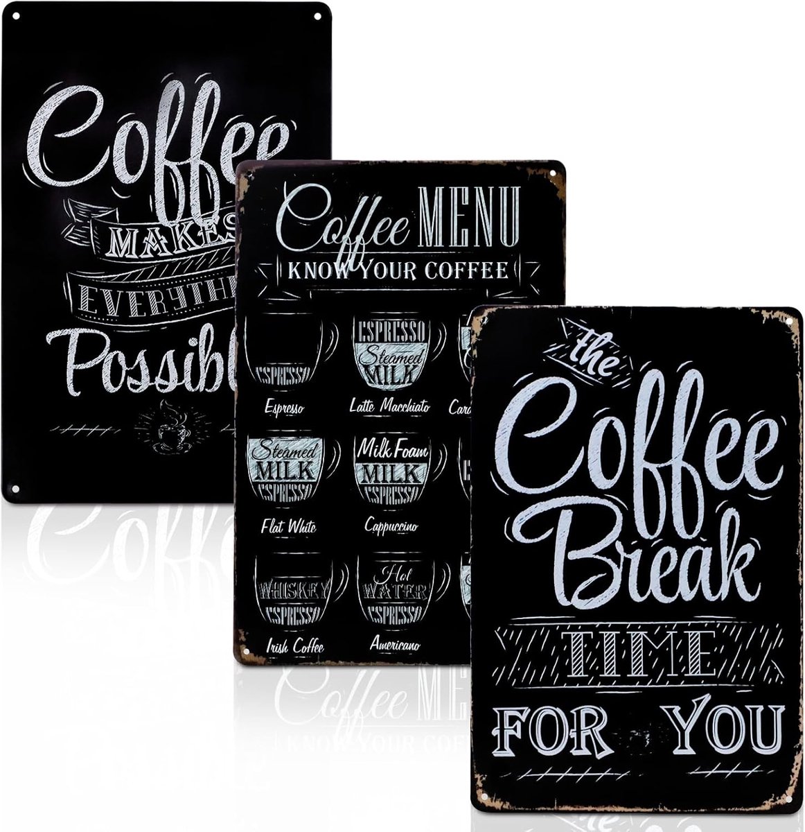 3 stuks retro metalen koffieborden, vintage metalen borden, koffieposters, metalen wandbord, menu, wandborddecoratie voor bar, café, pub, keuken, cadeau (zwart + wit)