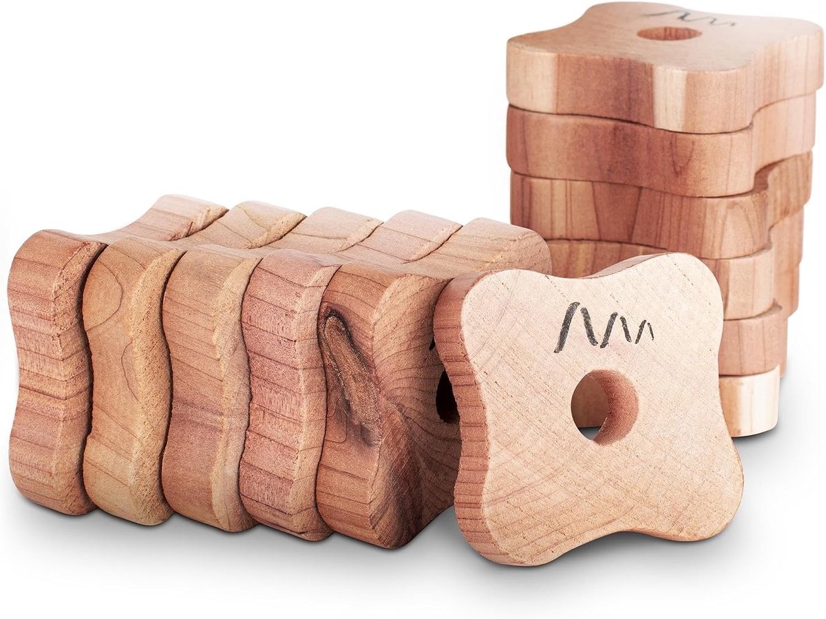 Mottenbescherming voor kledingkast, set van 12, van cederhout, voor de kledingkast, 10 mm boring, duurzaam natuurproduct, tegen kledingmotten (Tineola Bisselliella), aangename geur