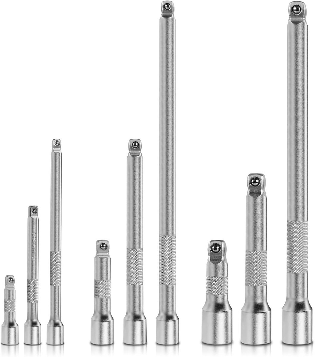 9 Stuks Wobble Extension Bar Set, 1/4" 3/8" 1/2" Drive Ratchet Extension Set Flexibel, Chroom Vanadium Staal