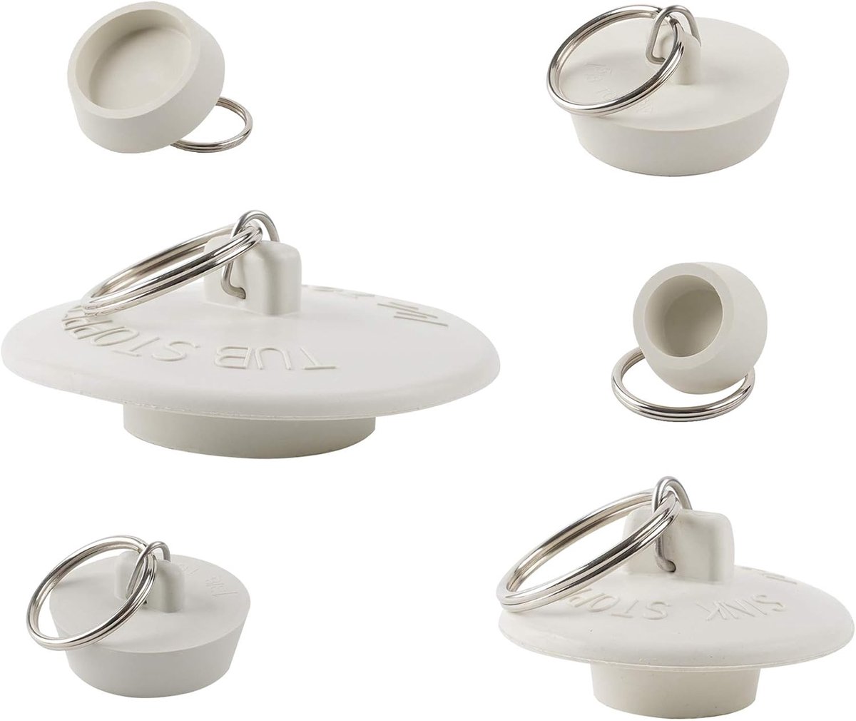 Afvoerstopper van rubber, 6 stuks, gootsteenstop met trekring voor keuken, badkuip, badkamer en wasbak, in 6 verschillende maten, wit