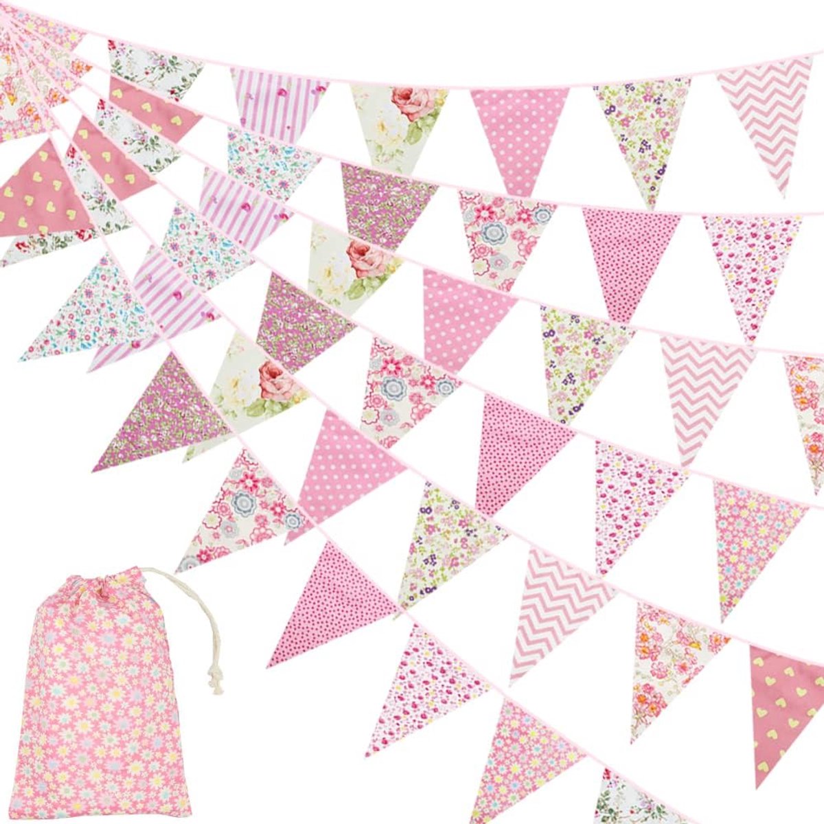 40 voet roze stoffen vlaggenslinger, bloemenslinger, 42 stuks, roze wimpel, driehoekige vlaggen, slinger met opbergtas voor meisjes, vrouw, kinderen, verjaardag, bruiloft, bruid, babyshower,