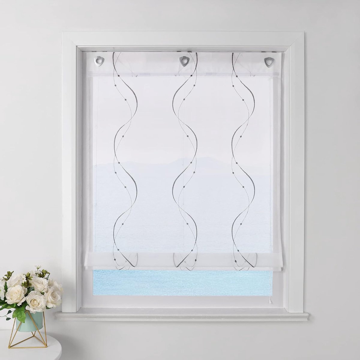 Vouwgordijn zonder boren wit vouwgordijn met ogen transparante gordijnen met U-haken oogjesrolgordijn modern geborduurd grijs B x H 60 x 140 cm 1 stuk