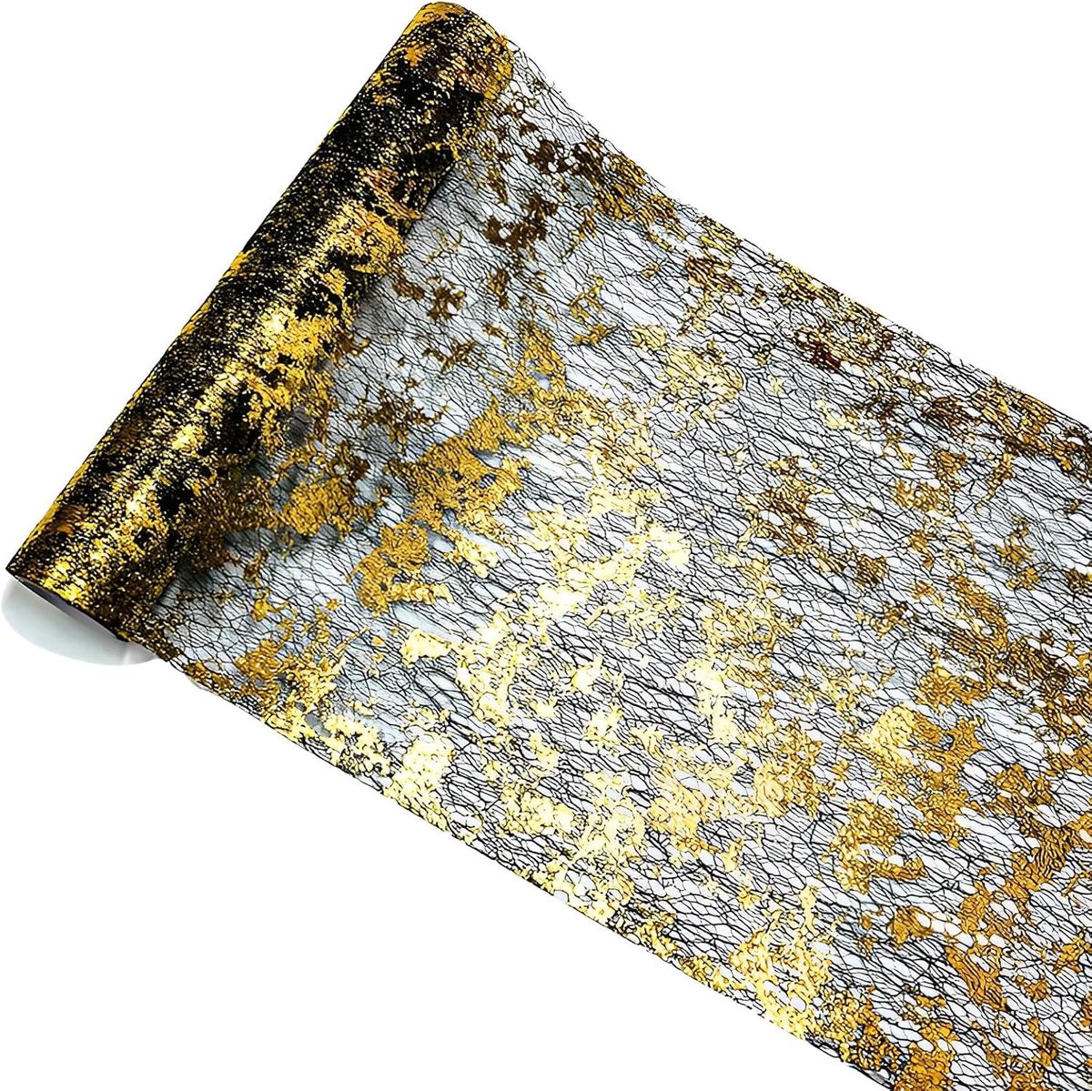 Tafelloper, zwart-goud, tafelband, tafelloper, bruiloft, polyester, tafelkleden, decoratiestof met uniek foliedesign voor feesten, communie, doopfeesten, 28 cm x 5 m