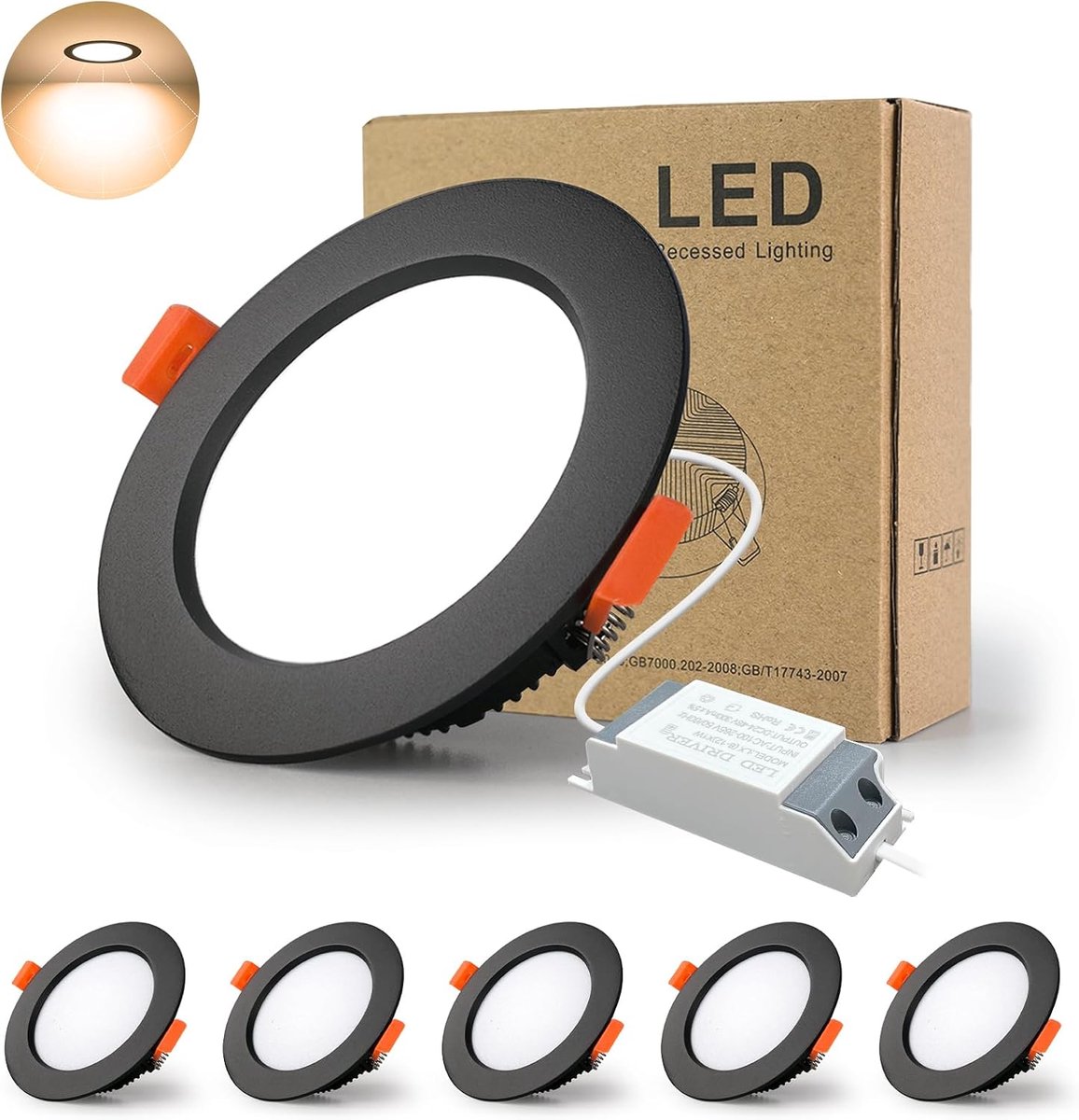 LED Plafond Inbouwlamp Inbouwspot 7W 3000K 3 inch Ronde Paneel Verlichting Anti Condens Markeringsplafond Vlakke Spots voor Badkamer Keuken Hal Podium Office Zwart [5-pack]
