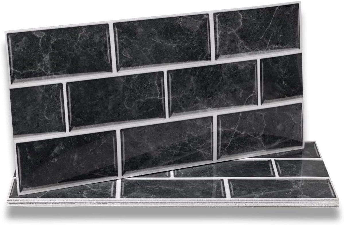Tegelstickers, zwart, pel-en-plak wandtegels voor badkamer en keuken, 30 × 15 cm, zelfklevend behang, waterdicht, backsplash voor woonkamer, 12 stuks