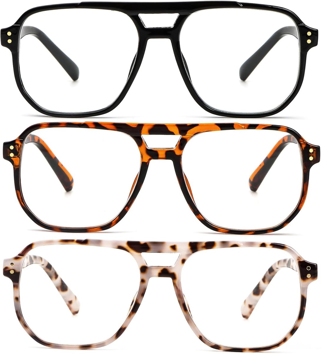 3-pack leesbril voor vrouwen en mannen retro rond oversized frame anti-blauw licht bril met veerscharnier
