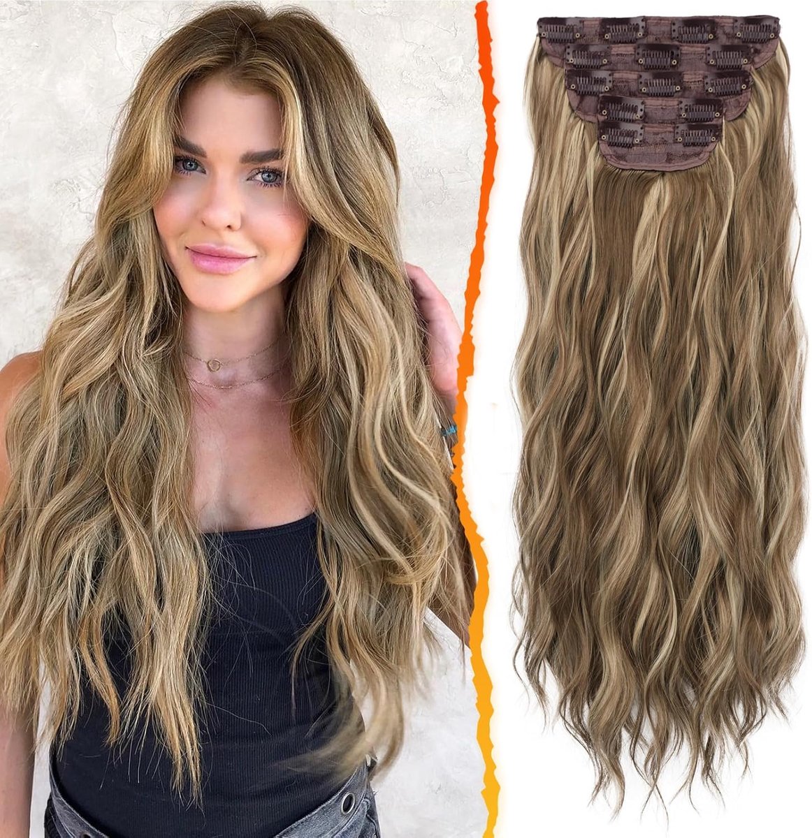Clip in Hair Extensions 50cm Lange Golvende Balayage Haarextensions 5PCS Dik Volledige Hoofd Synthetische Haarstukjes voor Vrouwen Dagelijks Party (As Bruin & Blond)