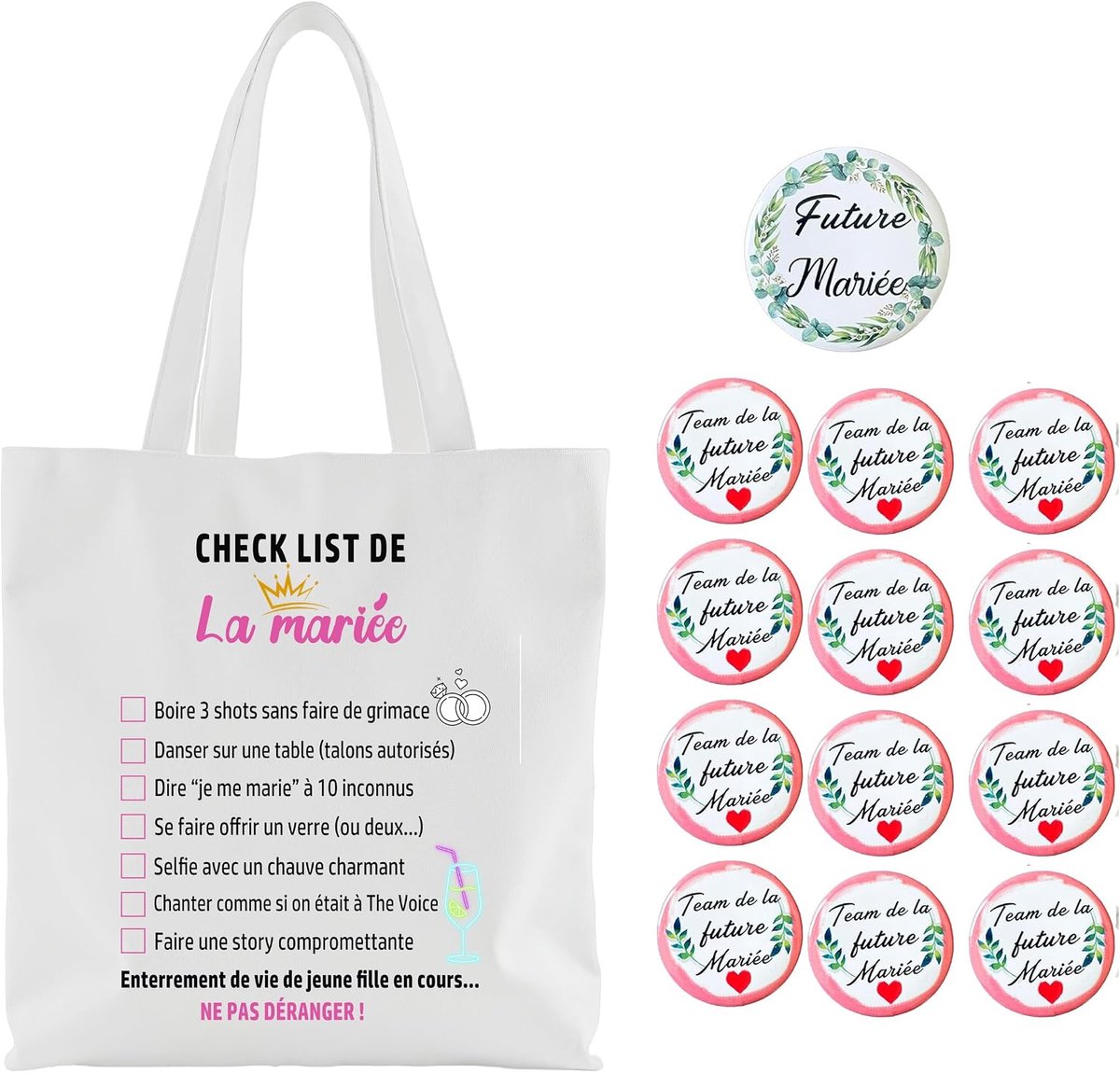 14 set EVJF Tote Bag furure bruid met checklist van de bruid – 1 bruid badge + 12 teambruid badges – accessoires voor vrijgezellenfeest, cadeau-idee en EVJF-spel