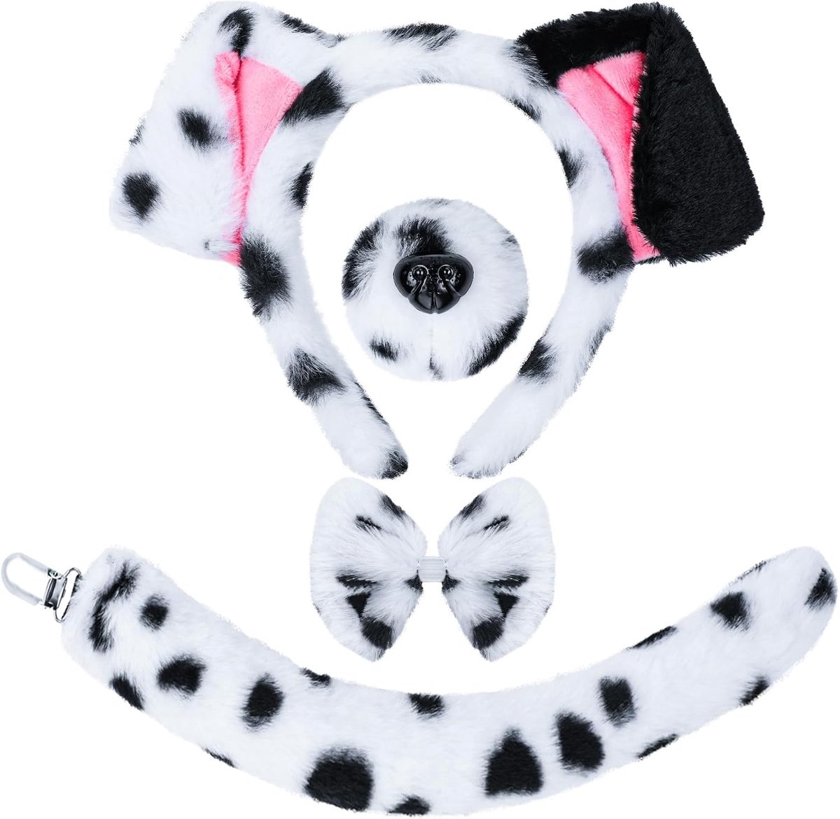 Dalmatiërs kostuumset, hondenoren en staart set met Dalmatiërs oren, hoofdband en hondenstaart voor dierenkostuum, verjaardag, Halloween, carnaval, cosplay, kostuum, zwart-wit
