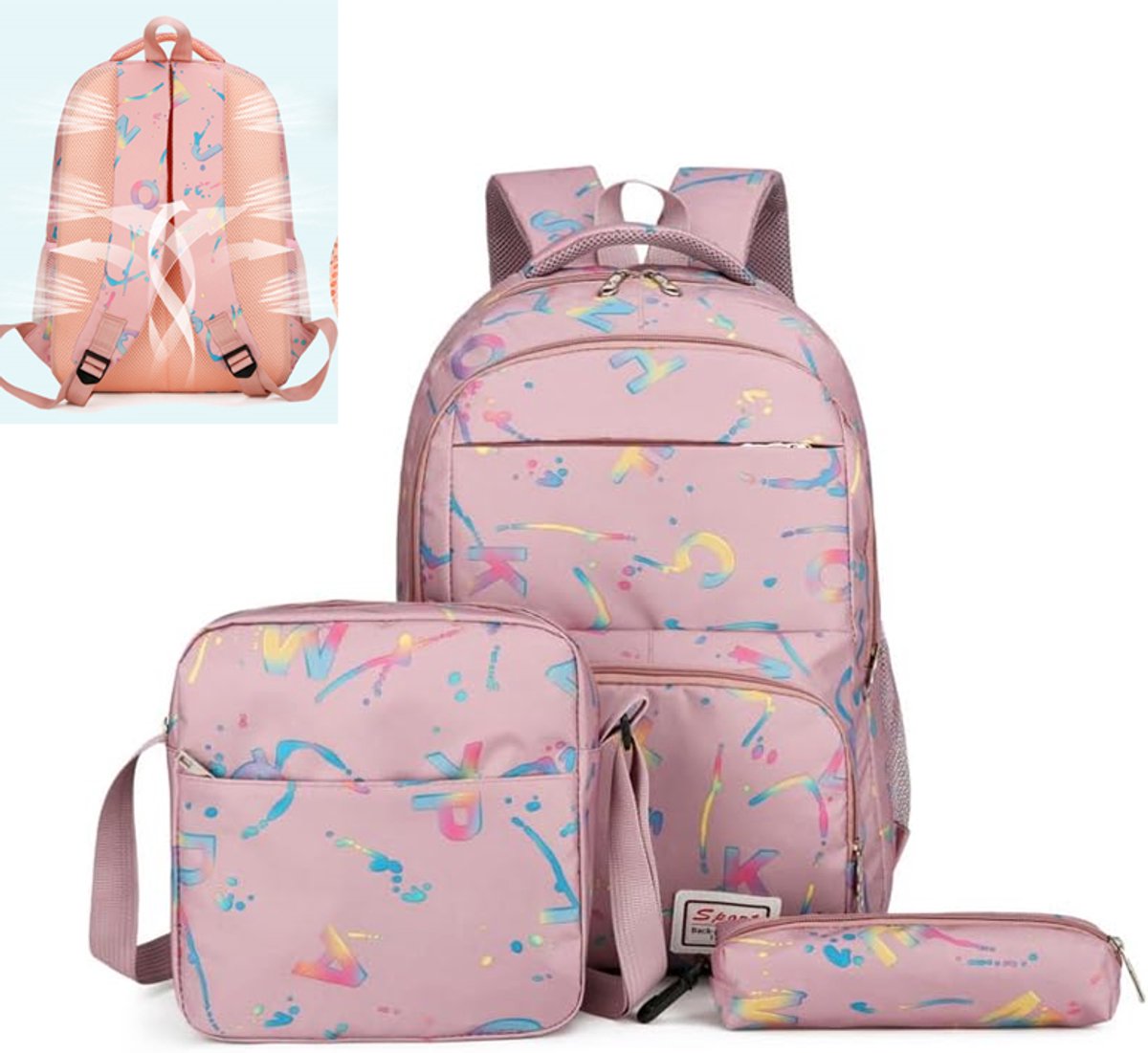 KZQ 3-delige schoolrugzakset 18 inch met lunchtas en etui - Letterprint patroon - Geschikt voor studenten en dagelijks gebruik - Paars