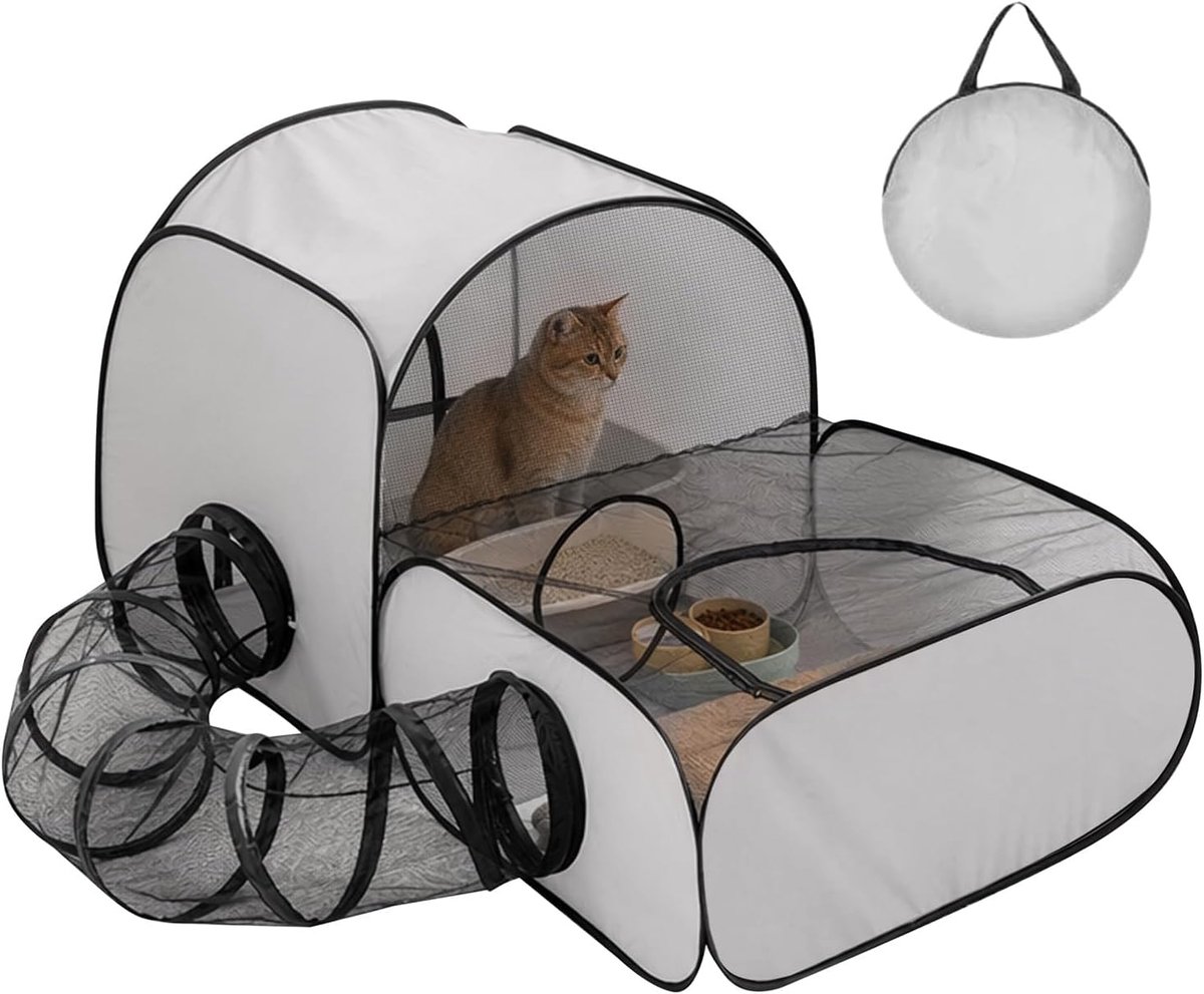 KZQ Opvouwbaar Huisdierhek - met tunnel - Draagbaar - Geschikt voor katten, honden en konijnen - Binnen- en buitengebruik - Ideaal voor kamperen, tuinieren en reizen - Grijs - 160 x 80 x 77 cm