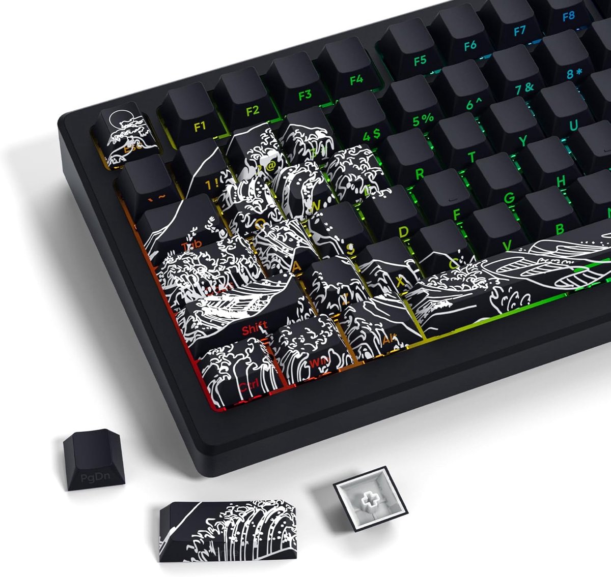 Doorschijnende Toetsdoppen, PBT Dye Sub-toetsdoppenset met zijprint, 131 toetsen, kersenprofiel, aangepast, Wave of Kanagawa, Double Shot, voor mechanische toetsenborden