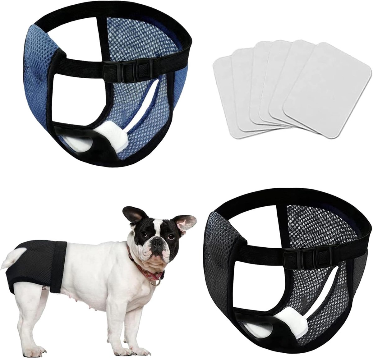Set van 2 onderbroeken voor honden, herbruikbare hondenluiers met 6 hygiënische pads, warm, menstruatie, wasbaar, luier, bescherming voor honden, zwart en blauw (M)