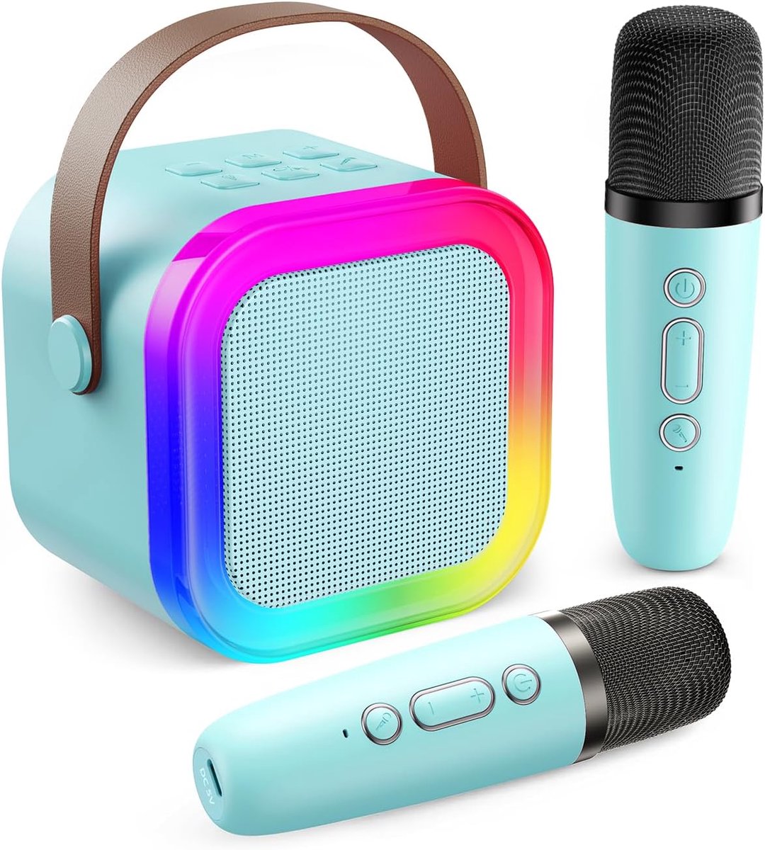 karaoke-machine voor kinderen en volwassenen, mini karaoke-machine met 2 microfoons, draagbare bluetooth-luidspreker met stemeffecten en LED-lampen, cadeauspeelgoed voor meisjes en jongens