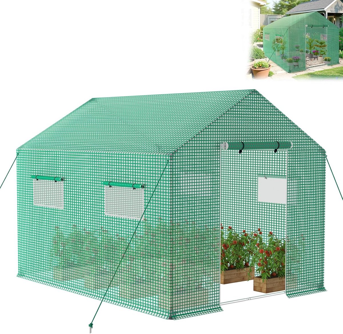 Broeikas foliekas met stalen fundering tuinkas folietunnel broeikas folietent broeibed groente plantenhuis tuinhuis met ramen, groen 3x2x2m 6m²