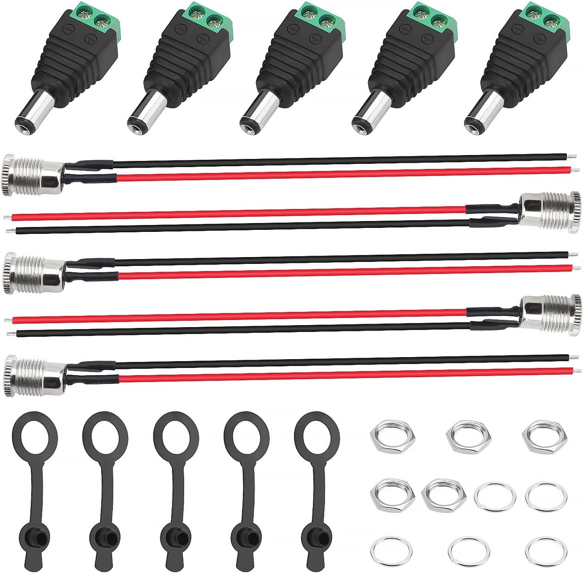 5.5 x 2.1 mm Montage Adapter Set - DC-Voedingsaansluiting en Adapter Klemmenblok Met Waterdichte Kap voor Audio-videobewakingscamera's (5 Stuks)