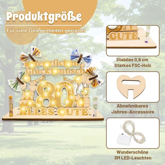 Verjaardagsdecoratie voor vrouwen en mannen, geldgeschenken voor verjaardag, houten bord, gastenboek, cadeaus voor de 80ste verjaardag, met led-lichtsnoer, gepersonaliseerd cadeau, 80ste — afbeelding 2