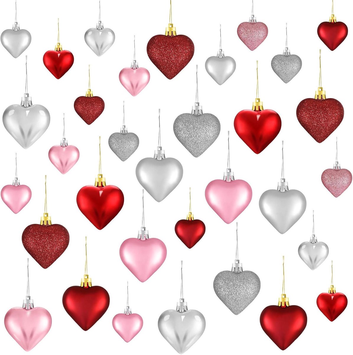 30 stuks Valentijnsdag hartornamenten, 3 andere kleuren stijl hartballen hartvormige kerstboomballen hart hangende decoraties voor Valentijnsdag trouwdag, 2 maten
