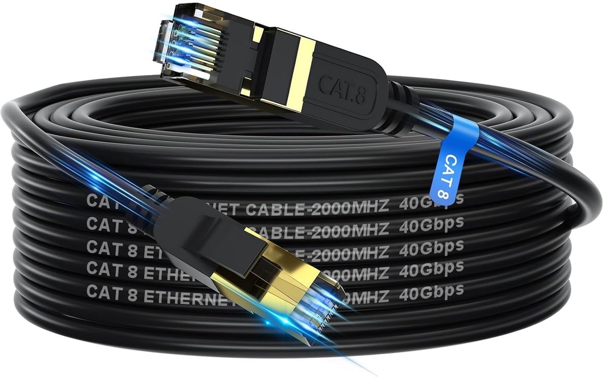 CAT8 Ethernetkabel 15m | 40Gbps 2000MHz Dubbel Afgeschermd RJ45 Netwerkkabel | Snelle Internetkabel Geschikt voor PS5, PS4, Xbox, PC, Router, Switch, Modem, TV-Box