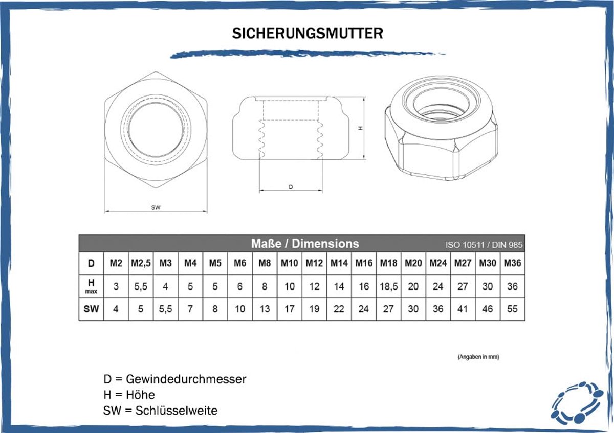 borgmoer M12, roestvrij staal V2A VA A2, DIN 985 / ISO 10511, zeskant, 20 stuks