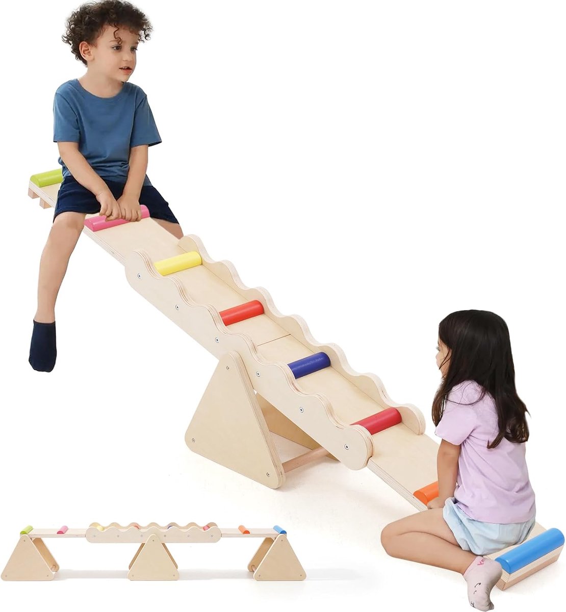 2-in-1 evenwichtsbalk van hout voor kinderen, houten wip voor kinderen, schommelwip, balansboard voor binnen en buiten