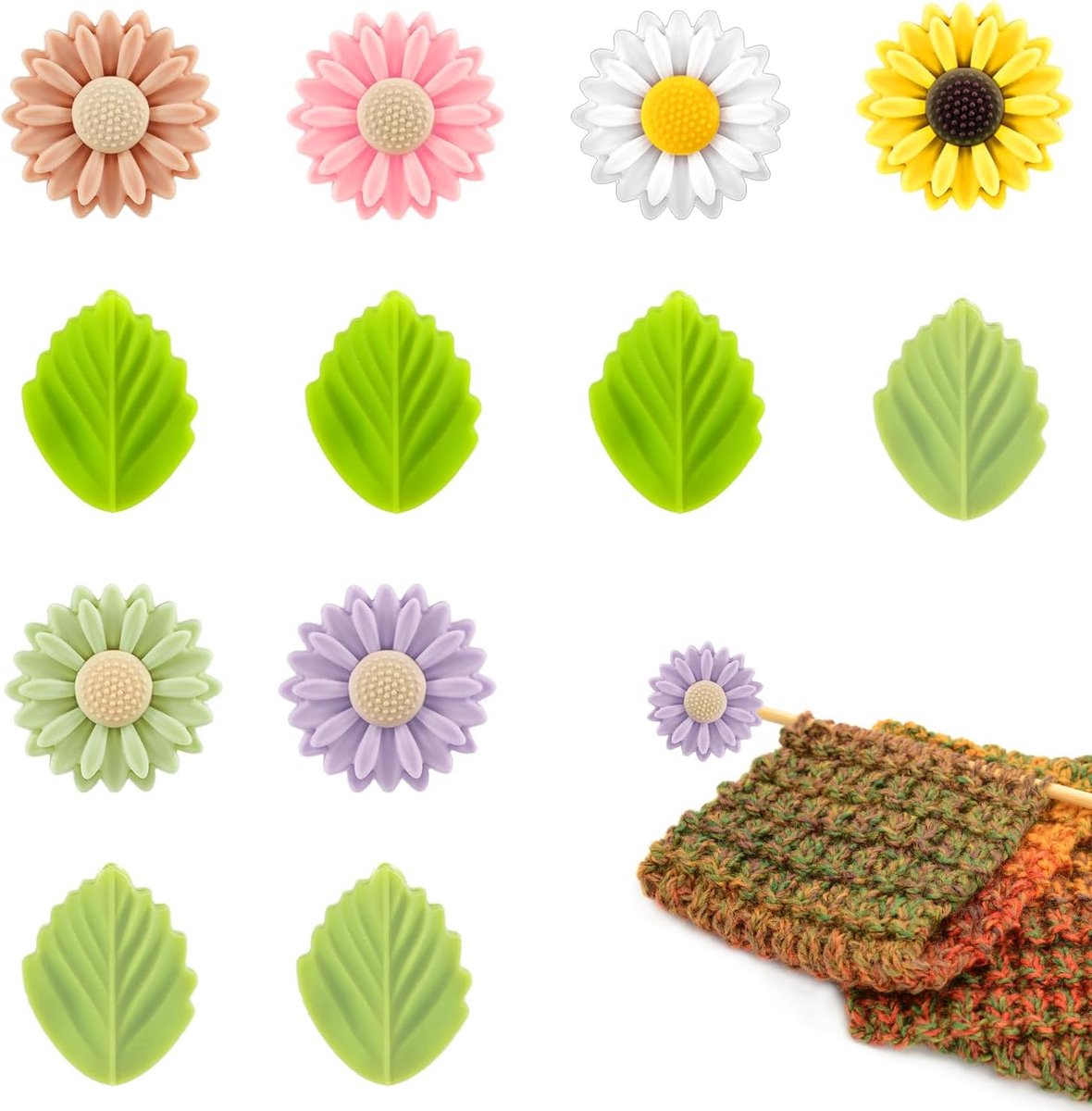 12 Stuks Breinaaldstoppers, Kleurrijk Schattig Bloem Blad Breinaalden Puntbeschermers Siliconen Naalddoppen voor Breitips Stekenstoppers voor Haken Breien Doe-Het-Zelf Accessoires