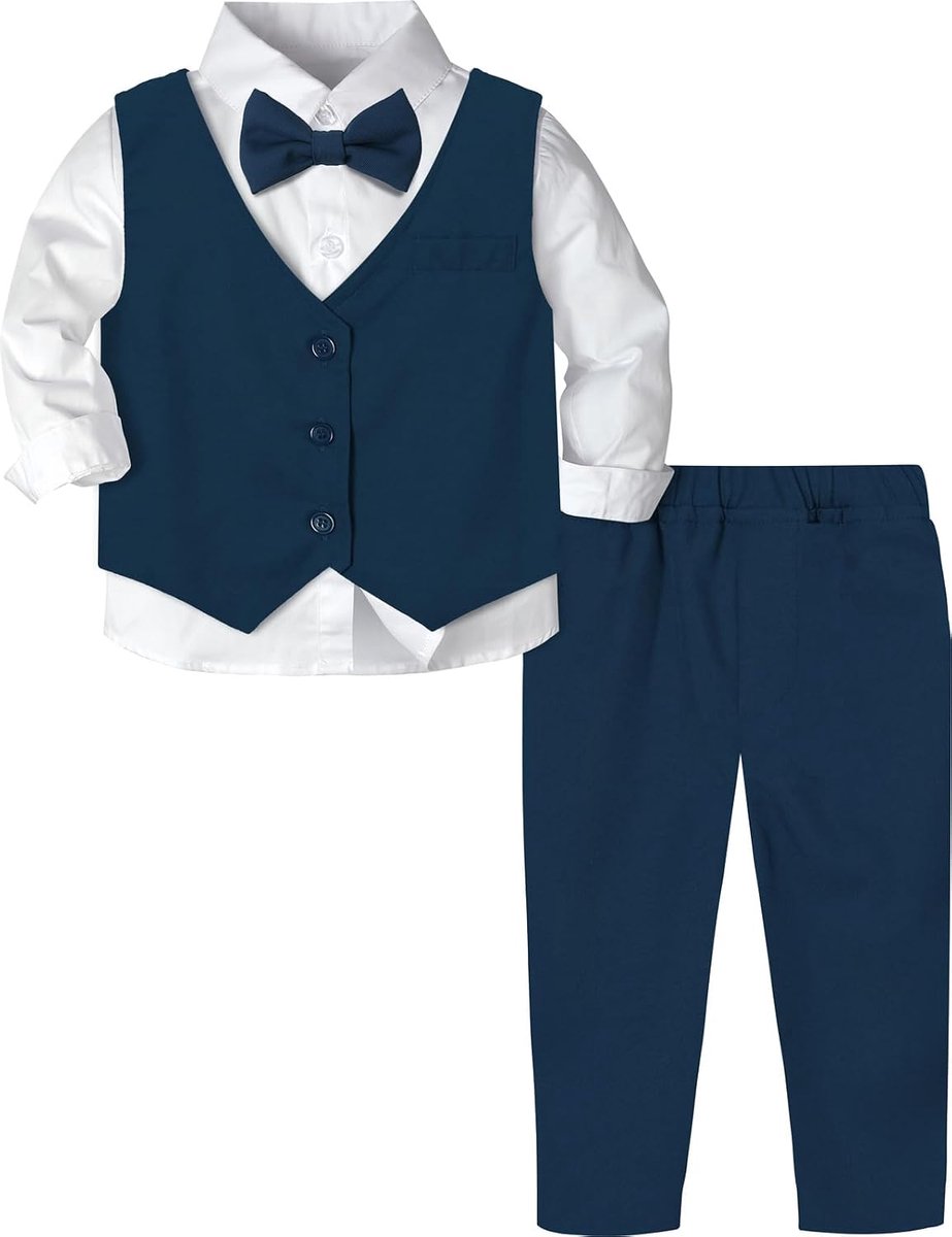 mintgreen Gentleman Pak voor Babyjongens, Overhemd met Lange Mouwen, Vlinderdas + Gilet + Broek, maat: 1-4 jaar