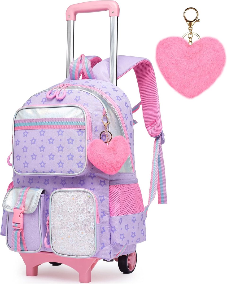 Schooltas met wieltjes, trolley, schooltas, rugzak, schoolrugzak, trolley, schooltas, meisjes, grote trolley, schooltas, rugzak met wieltjes, voor meisjes en kinderen