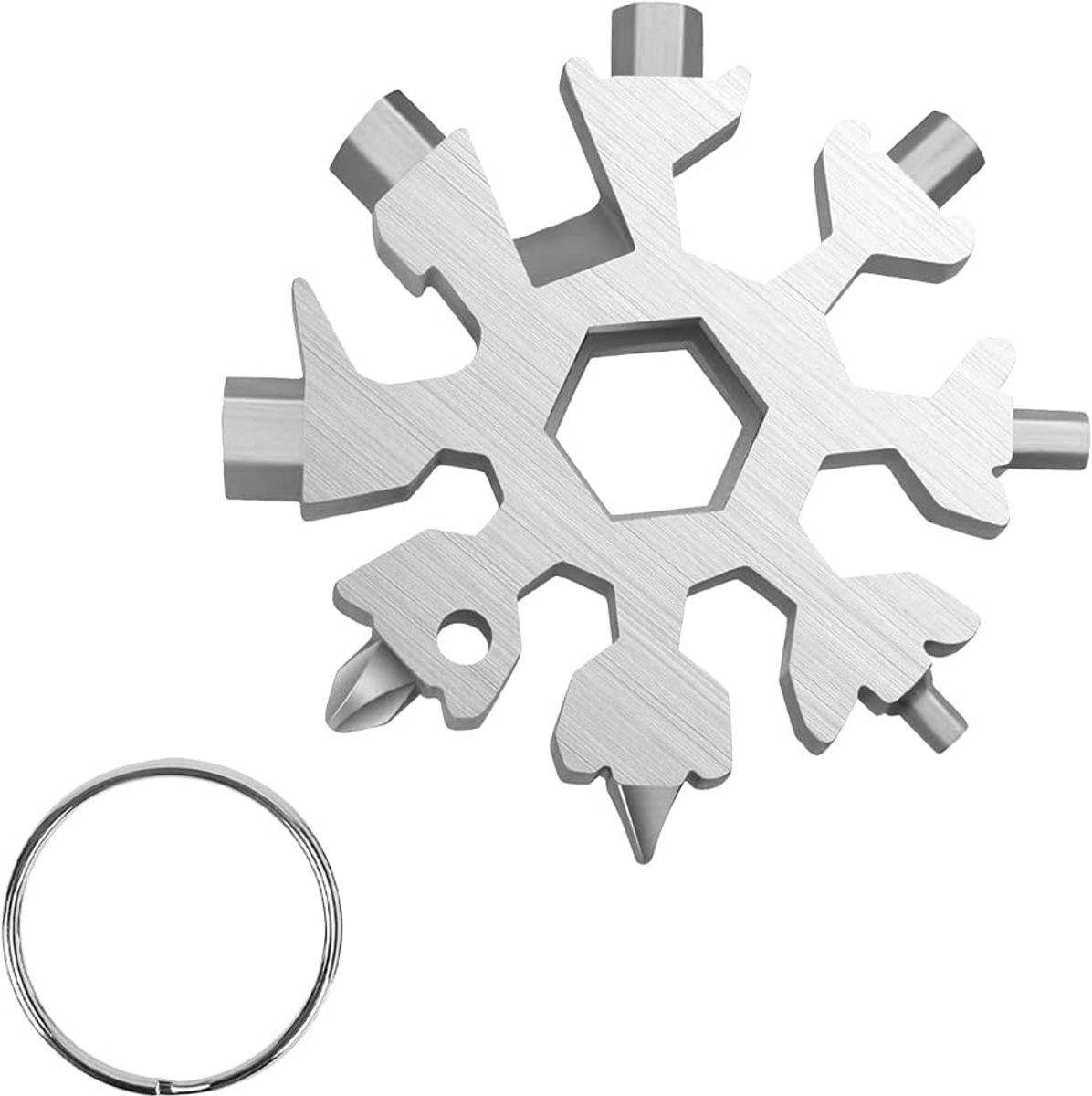 18-in-1 sneeuwvlok multi-wrench tool, sleutelhanger multitool pocket tool is eenvoudig te dragen voor outdoor camping en kerstsneeuwvlok (zilver)