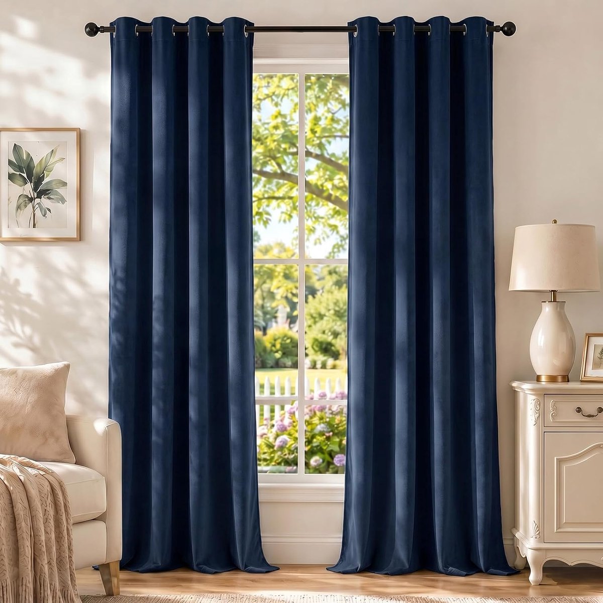 Gardinen Samt 2er Set, 100% Verdunklungsvorhänge, Thermovorhang Gegen Kälte Und Hitze, Vorhänge Blickdicht Schlafzimmer Wohnzimmer, Schallschutz Vorhang Mit Ösen, 117×137cm, Blau
