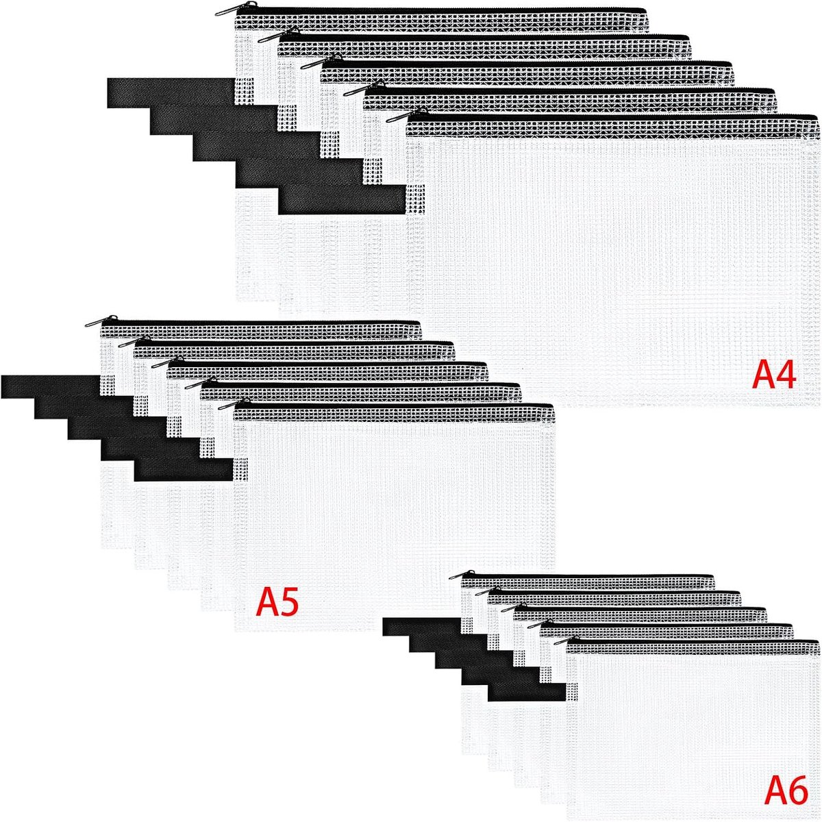 documententas A4 + A5 + A6, 15 waterdichte vakken met ritssluiting, mesh plastic dossiertas met ritssluiting, documentenmap voor school, thuiskantoor, reiscosmetica