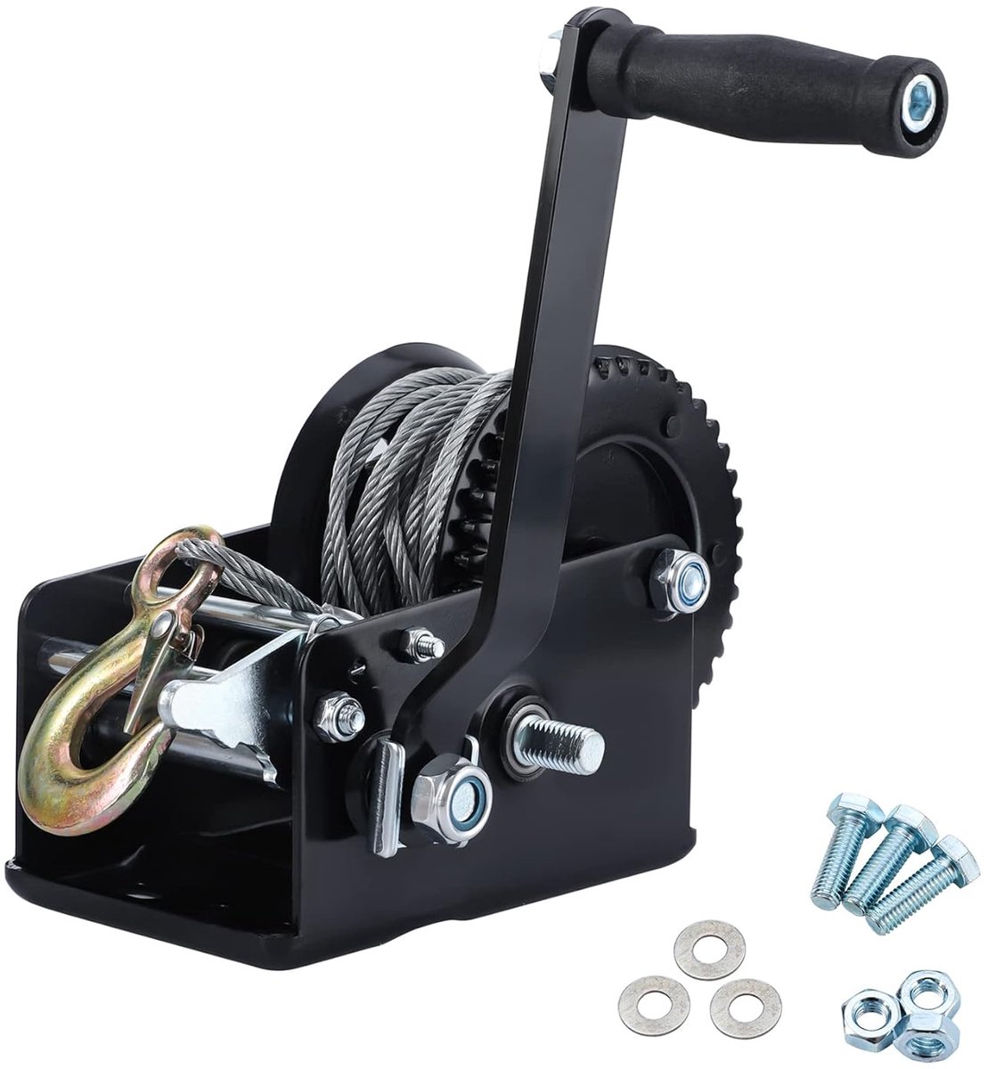 Handlier lier lier met 9,5 m draad lier boten lier, 1365 kg | 4:1 8:1 handmatige kabellier bootlier, incl. veiligheidslasthaak met veiligheidsklep - Zwart | Handlier met rem, incl. veiligheidslasthaak met veiligheidsklep, handslinger met softgrip