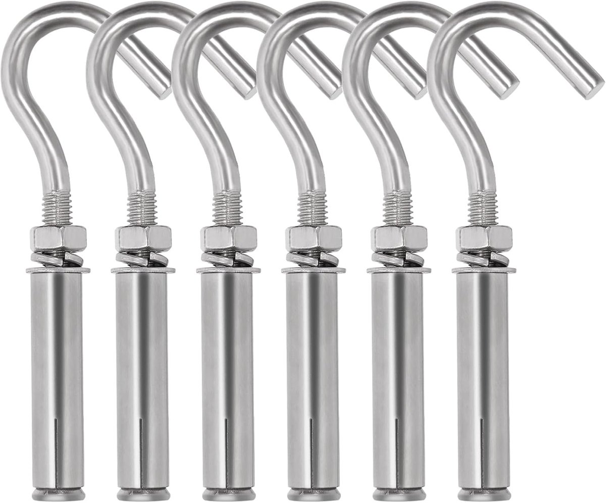 6 stuks M6 roestvrijstalen open cup haken expansieschroeven schroeven, heavy duty beton muur haken ankers, expansiehaken, plafondhaken bouten, metalen wandhangers voor betonmuur