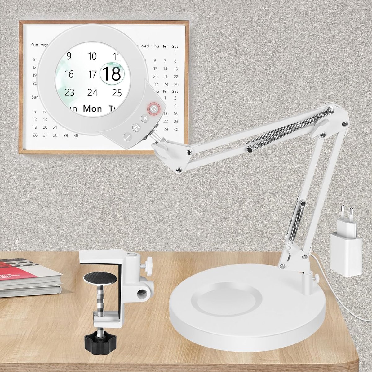 Vergrootglas met licht en standaard, 5 x 10 x vergrootglas, 2-in-1 led-vergrootlamp met klem en basis, bureaulamp met 5 kleurmodi, dimbaar, led-vergrootlamp voor hobby, knutselen, werkplek,