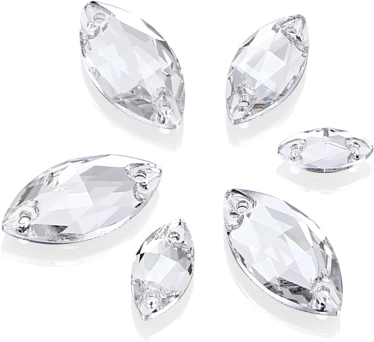 60 stuks heldere strass-steentjes om op te naaien, Navette-vorm platte strass-steentjes met 2 gaten voor kleding, jurk, handwerk, naaien, parels, schoenen, DIY-decoraties