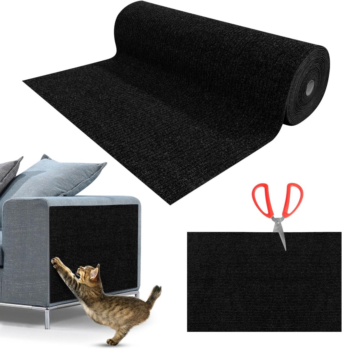 Krabmat, zelfklevend, voor katten, krabbank, herbruikbaar, voor muur, krabmat, doe-het-zelf, 40 x 200 cm, zwart