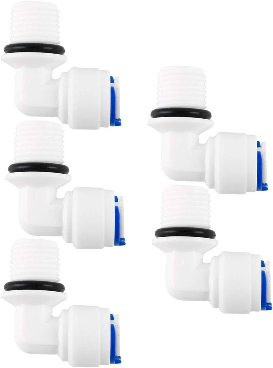 sourcing map 5 stks 1/4 Inch BSP Mannelijke naar 1/4 Inch OD Elleboog Quick Connect Waterzuiveraars Buis Fittings Push Connector Waterslang voor RO Reverse Osmose Systeem
