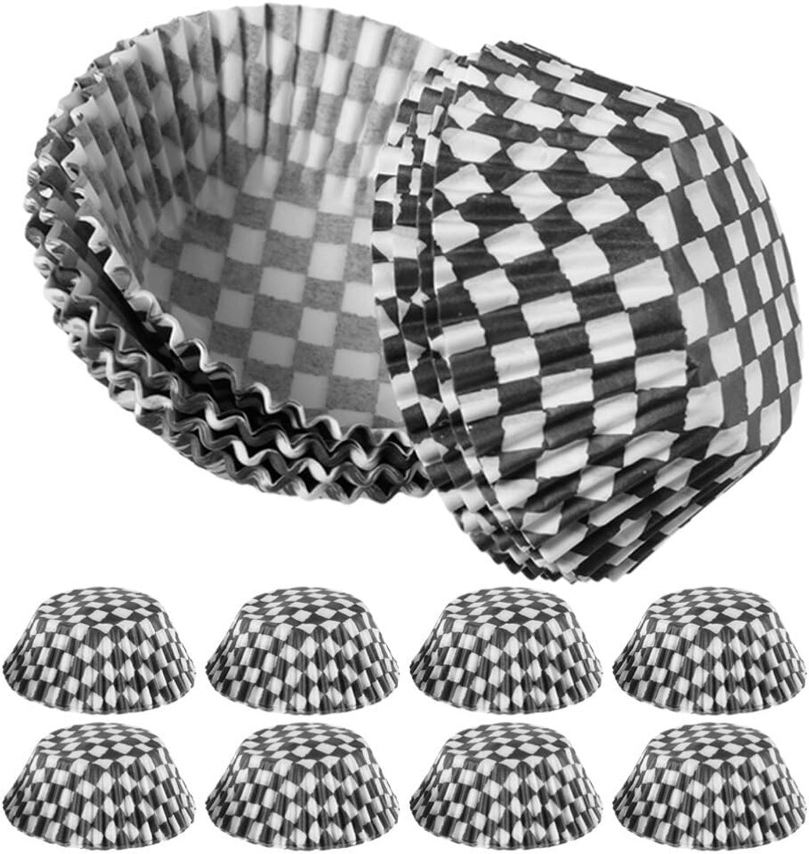 Cupcake-vormpjes met racevlag, 100 stuks, zwart-wit schaakbordjes, cupcake-muffinvormpjes, houder voor racewagen-feestdecoraties