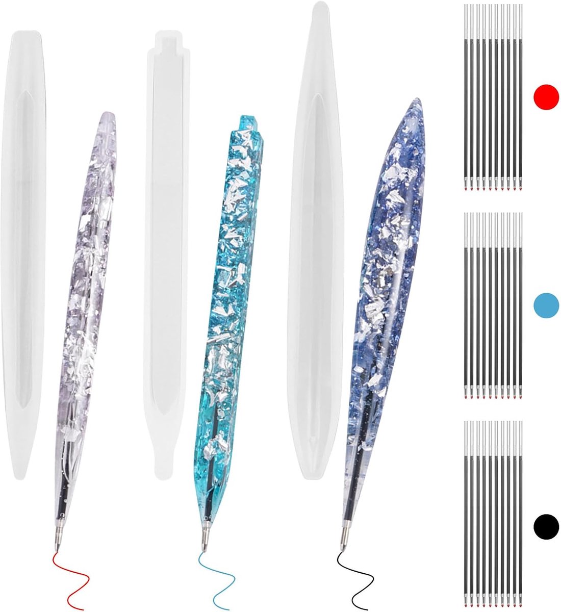 balpen, epoxyhars, 3 stuks siliconen vorm, epoxyhars, siliconen vorm, balpen, epoxyhars, set met 30 navulverpakkingen voor doe-het-zelf knutselen, epoxyhars, siliconen vorm