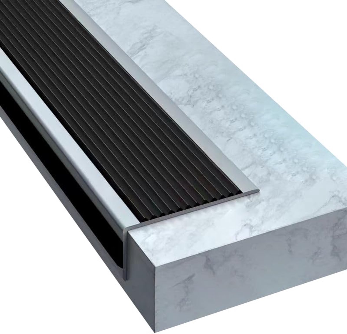 1 m Bullnose Trap, antislip neuzen, zelfklevende vinyl randstrip, antislip stapbekleding, PVC-rubber hoektraprand (50 x 25 mm, zwart met grijs)