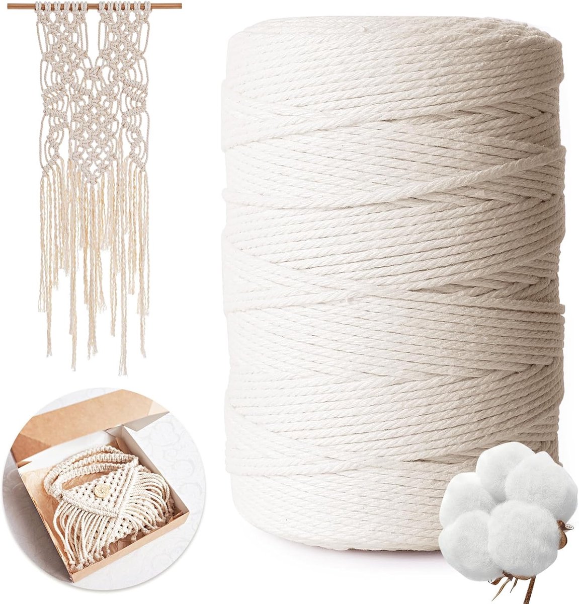 Macramégaren, 3 mm x 300 m, 100% natuurlijk katoengaren voor knutselen, wandbehang, breien, doe-het-zelf, decoratie, beige