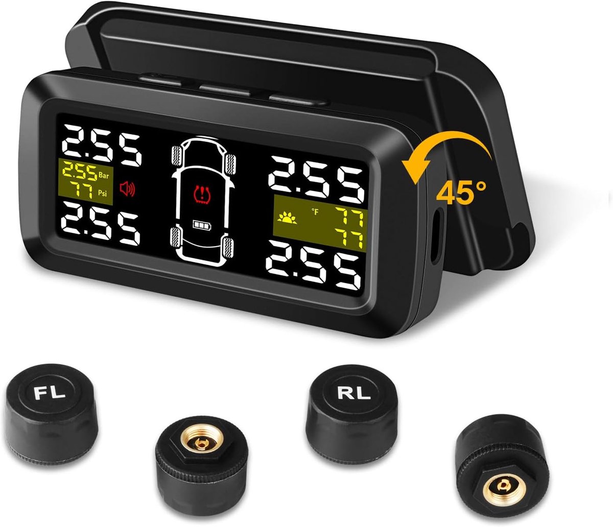 Bandenspanningscontrolesysteem【2/4-wiel-modi】0,01Bar Hoge precisie zonne-oplaadbare bandenspanningscontrolesysteem met 3,5 inch afneembare houder met 4 externe bandenspanningssensoren voor auto