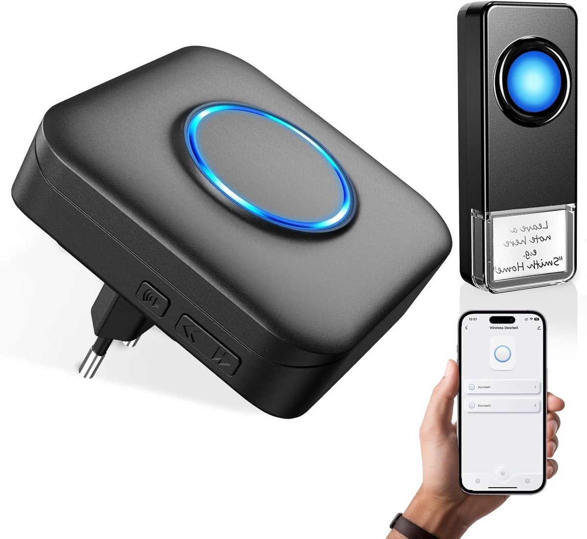deurbel draadloos, waterdicht, Met Tuya Smart Life app | Luidheid 0-110 dB, 32 melodieën, Meldingen op afstand, LED-flits