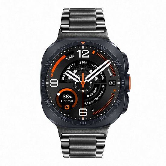 Zwarte smartwatch met metalen band en oranje accenten. Wijzerplaat toont 38% optimaal, 89 bpm, 23°C.