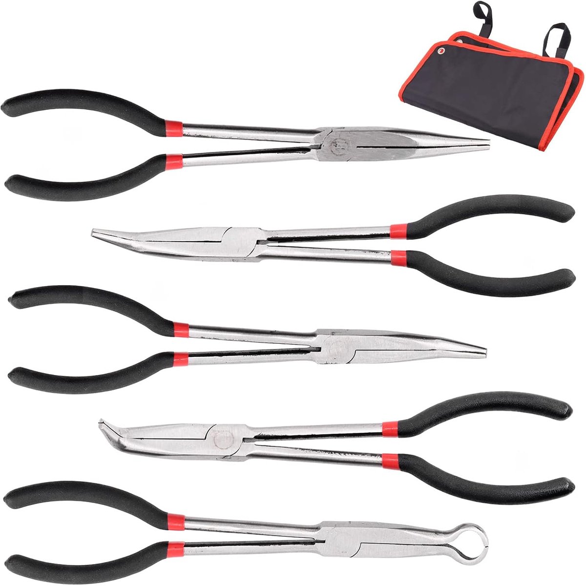 5Pcs Precision 11inch Long Needle Nose Pliers Assortment Kit, Long Reach Pliers Set Wire Plier Repair Tool - Straight, 25, 45, 90-Degree Angle, Long Reach Circle Pliers Perfect for Auto Body