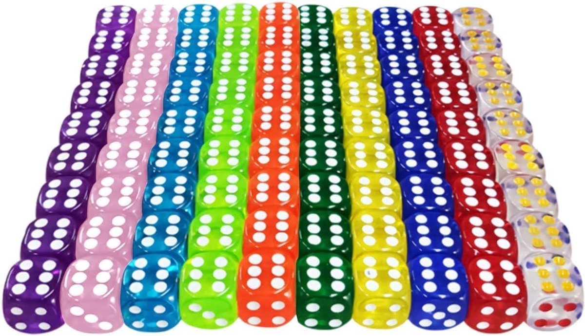 Set van 6 dobbelstenen, 100 stuks, 16 mm, zeszijdige dobbelstenen, doorschijnende kleuren, acryl, polyedrische dobbelstenen, speeldobbelstenen, tafelspellen voor spel en feest