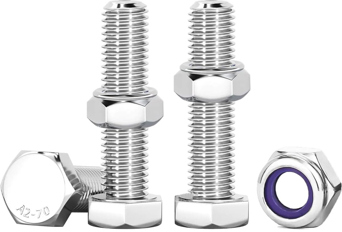 Schroevenset met zelfborgende moeren, M6 X 25 mm, bouten en moeren, M6, 10 stuks zeskantschroeven en moeren, set van 10 stuks, roestvrij staal, A2, V2A, zeskantschroeven, set voor machines,